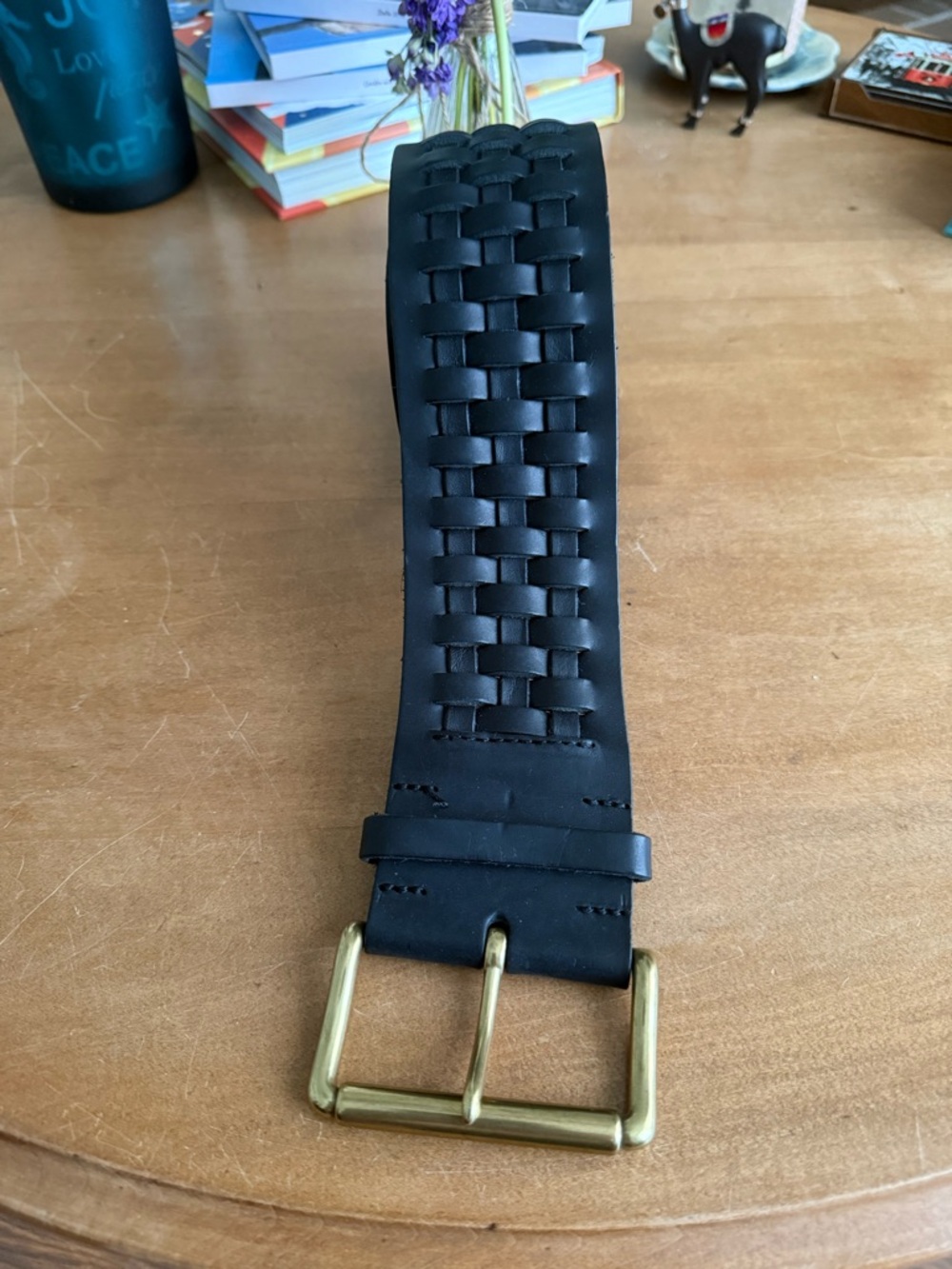 Ralph Lauren Black Woven Leather Belt with Brass-Tone Buckle - Picture 2 of 2